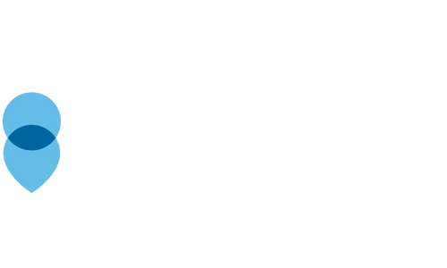 Logo with two overlapping blue teardrop shapes on the left and the words "DATAFUSION SYSTEMS" in light, uppercase letters to the right on a light gray background.