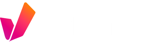 Vidispine logo featuring a stylized "V" in a gradient of pink to orange on the left, with the word "vidispine" in lowercase white letters on a light gray background.
