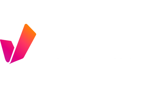 Vidispine logo featuring a stylized "V" in a gradient of pink to orange on the left, with the word "vidispine" in lowercase white letters on a light gray background.